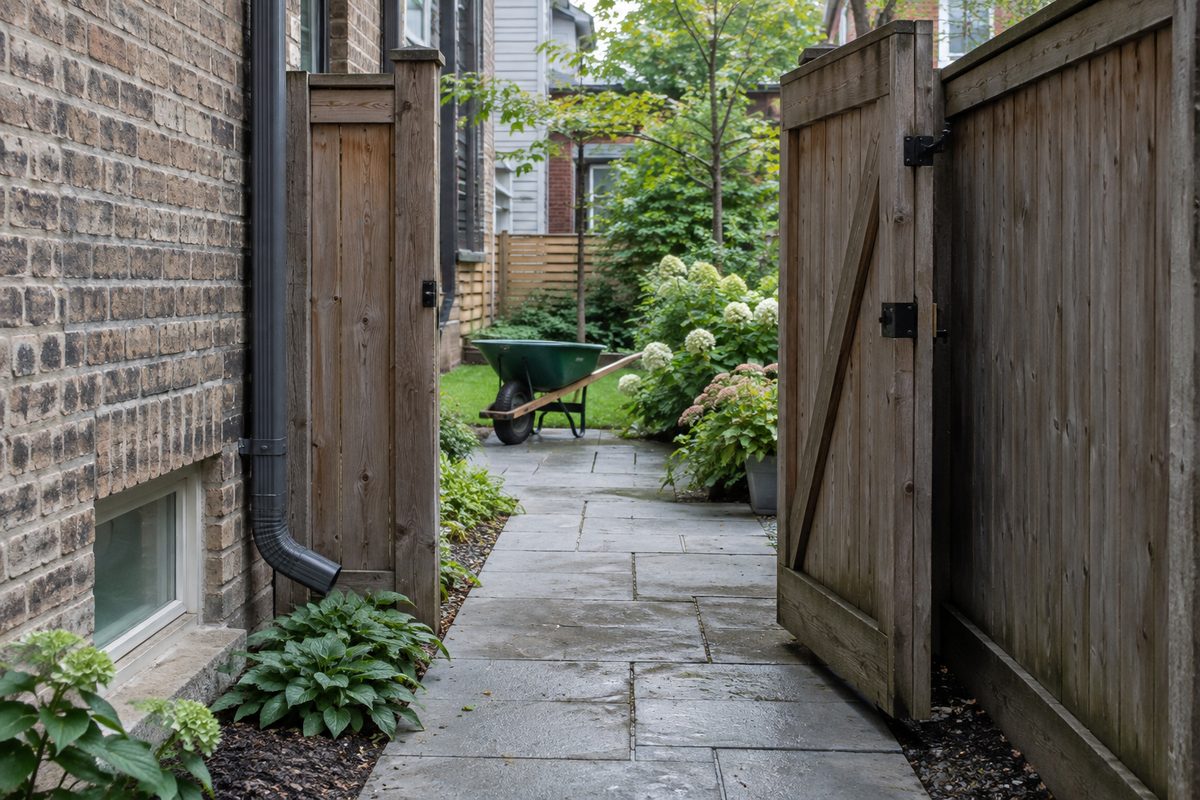 Open side gate and narrow passage leading to a planted backyard