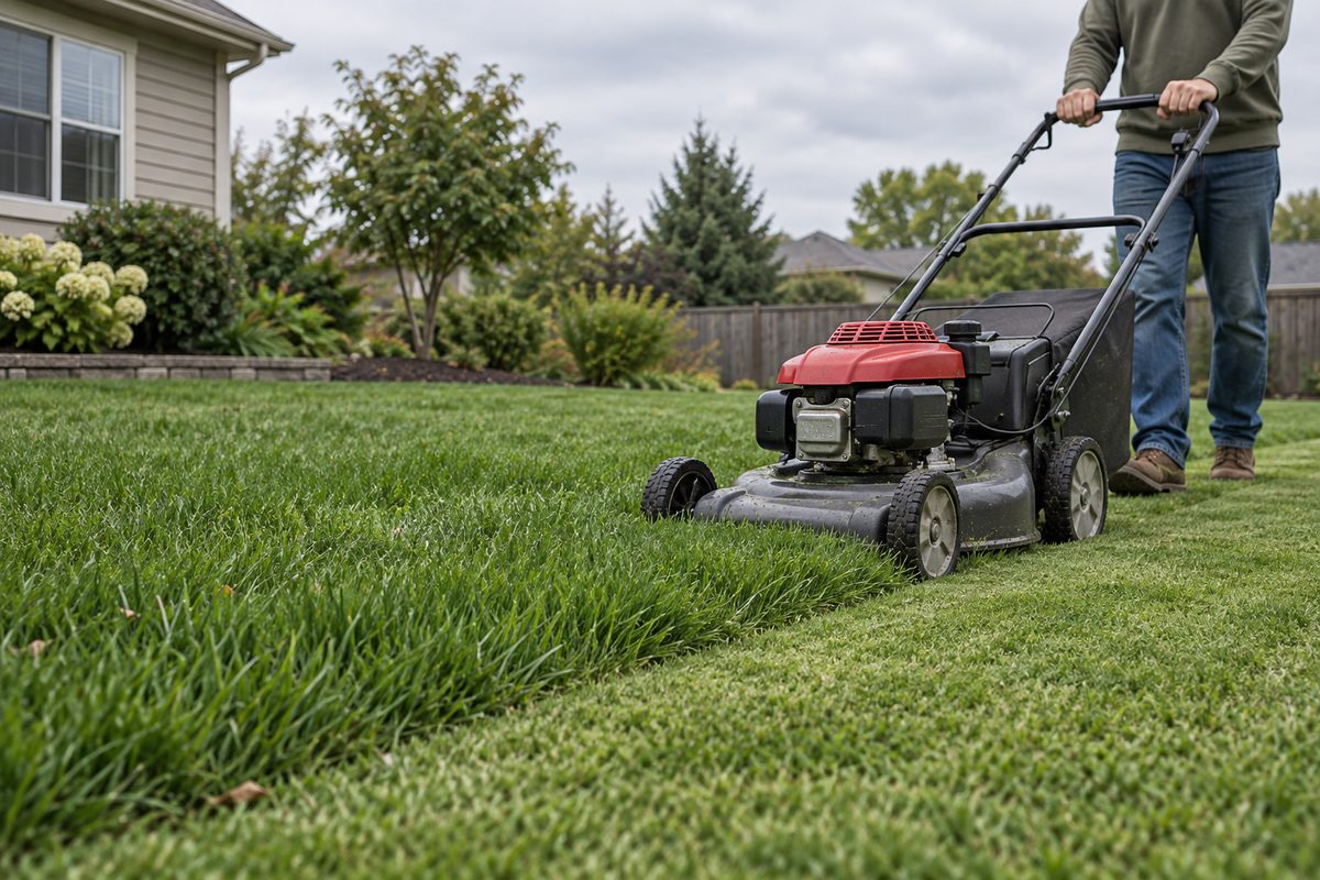 Mower cutting a residential lawn beside a planted edge