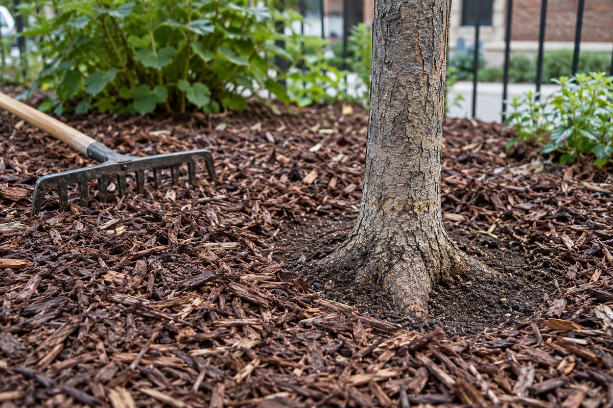 Fresh mulch spread through a planted bed with clear space around trunks