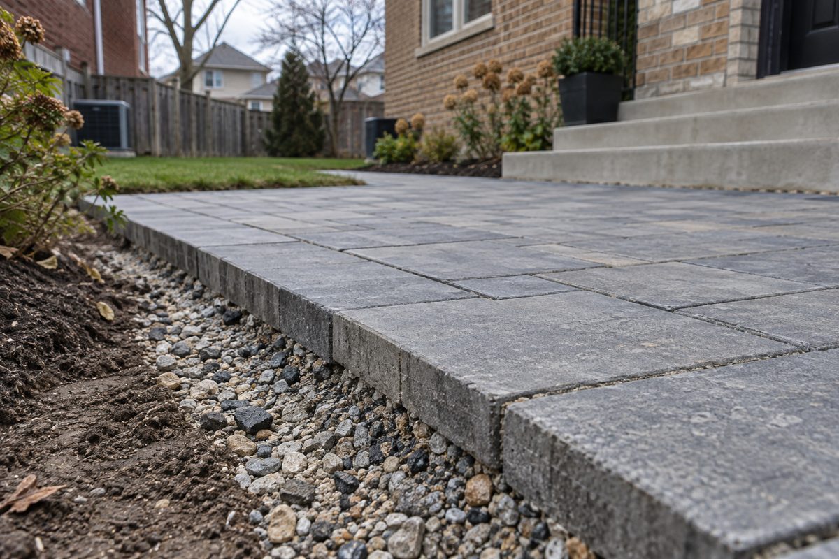Paved garden walk meeting a planted bed