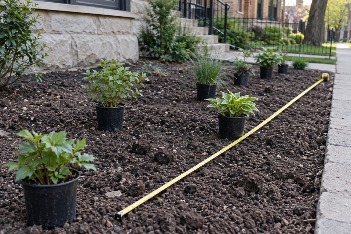 Residential planting bed with established foliage beside a walk