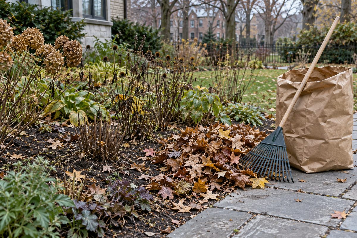 Seasonal leaves gathered along a residential garden bed
