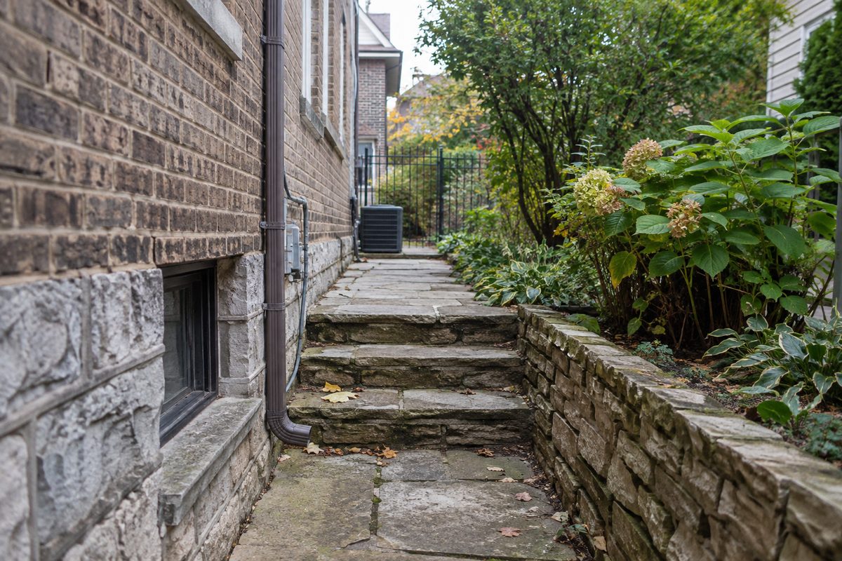 Stone steps leading through a planted side yard