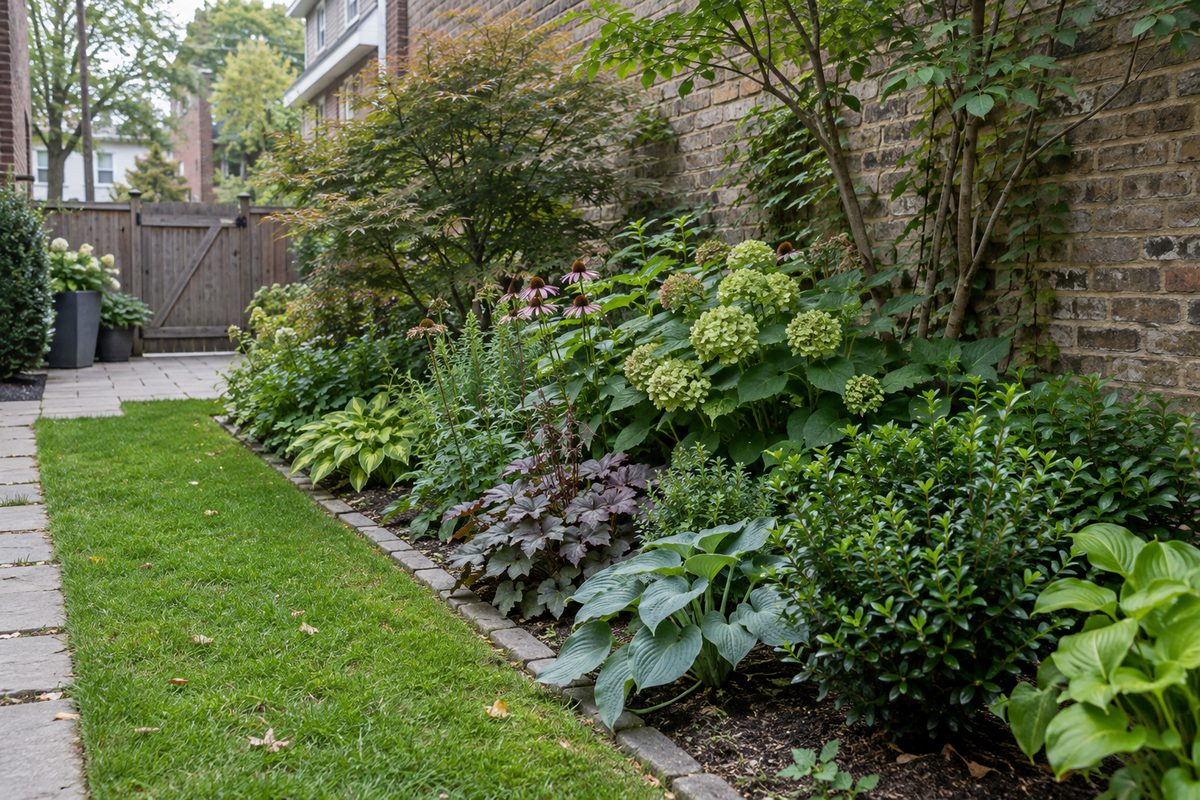 Planted garden bed beside an urban Chicago home